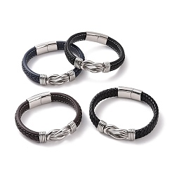Stainless Steel Color 304 Stainless Steel Interlocking Kont Link Bracelet, Microfiber Leather Cord Punk Bracelet with Magnetic Buckle for Men Women, Stainless Steel Color, 8-1/2 inch(21.6cm)