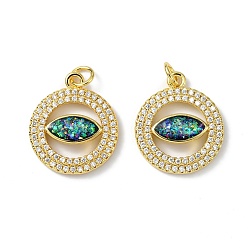 Real 18K Gold Plated Brass Micro Pave Cubic Zirconia Pendants, with Synthetic Opal and Jump Ring, Flat Round, Cadmium Free & Lead Free, Real 18K Gold Plated, 20x17x2mm, Hole: 3.5mm