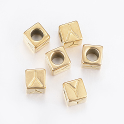 Golden 304 Stainless Steel Large Hole Letter European Beads, Horizontal Hole, Cube with Letter.Y, Golden, 8x8x8mm, Hole: 5mm