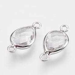 Clear Glass Links connectors, with Brass Findings, Faceted Teardrop, Nickel Free, Real Platinum Plated, Clear, 14x7x3mm, Hole: 1.2mm