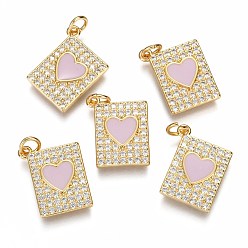 Pink Латунные микропаве прозрачные подвески с фианитом, долговечный, с прыжковыми кольцами и эмалью, Прямоугольник с сердцем, реальный 18 k позолоченный, розовые, 16.8x13.7x2.5 мм, отверстие : 3 мм, кольцо прыжка: 5x0.8 мм.