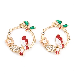 Red Rack Plating Alloy Enamel Pendants, with Rhinestone, Light Gold, Ring with Butterfly Charm, Red, 31x26x3.5mm, Hole: 1.4mm