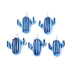 Dodger Blue Handmade Lampwork Pendants, Striped Cactus Charms, Dodger Blue, 38~43x30~34x9~12mm, Hole: 3.5~5mm