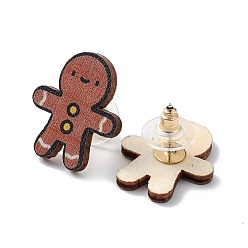 Gingerbread Man Christmas Printed Wooden Stud Earrings, with 316 Stainless Steel Pins for Women, Gingerbread Man, 22x19.5mm, Pin: 0.7mm