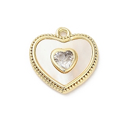 Сердце Натуральные белые раковины, подвески из латуни и хрусталя, золотые, сердце, 14x13.5x2.5 мм, отверстие : 1.2 мм