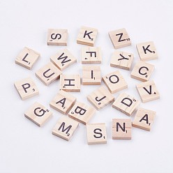 Blanched Almond Wood Cabochons, Square with Letter & Number, Blanched Almond, 20x18x5mm