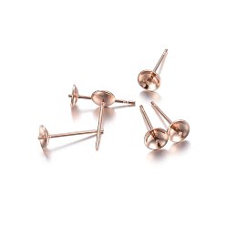 Rose Gold 304 Stainless Steel Stud Earring Findings, For Half Drilled Beads, Flat Round, Rose Gold, 14x5mm, Pin: 0.7mm