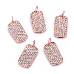Rose Gold Brass Micro Pave Cubic Zirconia Pendants, with Jump Rings, Rectangle, Clear, Rose Gold, 16x9x1.5mm, Hole: 3.5mm
