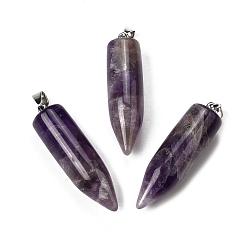 Аметист Природный аметист отметил кулоны, Подвески в форме пули с 304 защелкивающимися креплениями из нержавеющей стали, цвет нержавеющей стали, 45x11.5~12 мм, отверстие : 7x4 мм