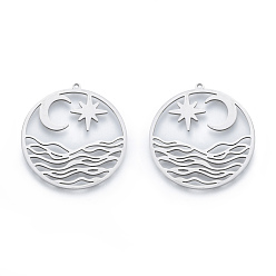 Нержавеющая Сталь Цвет Не тускнеющие 201 подвески из нержавеющей стали, плоский круглый со звездой и луной, цвет нержавеющей стали, 33x31x1 мм, отверстие : 1.4 мм