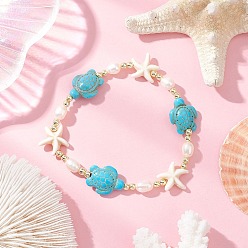 Светло-Голубой Браслеты из синтетических бирюзовых бусин в виде черепахи и морской звезды и натурального культивированного пресноводного жемчуга для женщин, Небесно-голубой, внутренний диаметр: 2-1/8 дюйм (5.5 см)