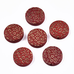 FireBrick Painted Natural Wood Beads, Laser Engraved Pattern, Flat Round with Leopard Print, FireBrick, 15x4.5mm, Hole: 1.5mm