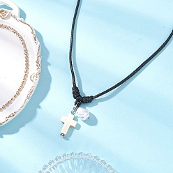 Белый Регулируемая подвеска-крест из окрашенной синтетической бирюзы с круглым пластиковым искусственным жемчугом, ожерелье из черного вощеного полиэфирного шнура для женщин, белые, 12.60~23.62 дюйм (32~60 см)