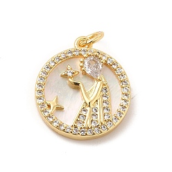 Virgo Brass Clear Cubic Zirconia with Shell Pendants, Flat Round Charms with Constellation Pattern, Golden, Virgo, 17x15x3mm, Hole: 3mm