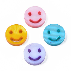 Mixed Color Natural Freshwater Shell Beads, Dyed, Flat Round with Smile Face, Mixed Color, 10x2.5mm, Hole: 0.8mm