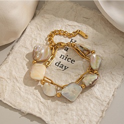 Настоящее золото 18K 304 двухслойные браслеты из нержавеющей стали и натуральных ракушек, браслеты-цепочки со скрепками для женщин, самородки, ионное покрытие (ip), без кадмия, без никеля и без свинца, реальный 18 k позолоченный, 6-1/2 дюйм (16.5 см)