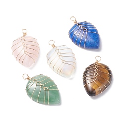 Mixed Stone Natural & Synthetic Gemstone Pendants, with Light Gold Tone Copper Wire Wrapped, Water Drop, 42~44x25x9~10mm, Hole: 4mm