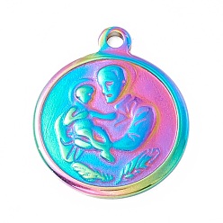 Rainbow Color Ионное покрытие (ip) 304 подвески из нержавеющей стали, плоский круглый со святым, Радуга цветов, 21x18x2 мм, отверстие : 1.8 мм