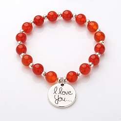 Красный Агат Плоские круглые браслеты с подвесками из бисера я люблю тебя из натурального сердолика (окрашенные и нагретые), с тибетском стиле сплава подвески, 52 мм