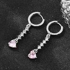 Platine Boucles d'oreilles créoles pendantes en laiton serties de micro-pavés de zirconiums cubiques, cœur, sans plomb et sans cadmium, crémaillère plaquage, plaqué longue durée, platine, 40x7mm