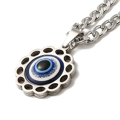 Stainless Steel Color Enamel Flower with Eye Pendant Necklaces, 304 Stainless Steel Curb Chain Necklaces , Stainless Steel Color, 23.46 inch(59.6cm)