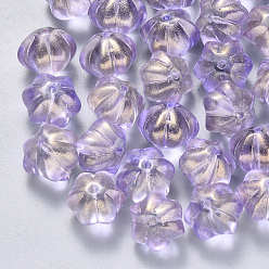Pourpre Moyen Perles de verre peintes par pulvérisation transparent, avec de la poudre de paillettes, fleur, support violet, 10.5x9.5x8mm, Trou: 1mm