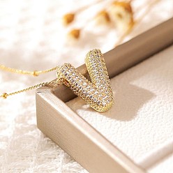 Letter V Латунные микропаве прозрачные кубические цирконии ожерелья с подвесками в виде букв, реальный 18 k позолоченный, Буква V, 17.72 дюйм (45 см)