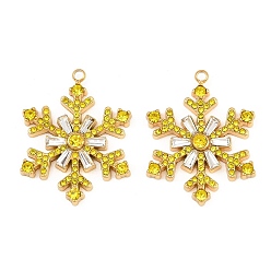 Light Topaz 304 Stainless Steel Rhinestone Pendants, Snowflake Charms, Ion Plating(IP), Real 18K Gold Plated, Light Topaz, 29x23x4mm, Hole: 1.8mm