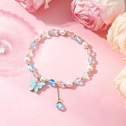 Светло-Голубой Браслеты из круглых бусин из матового синтетического лунного камня и ракушечного жемчуга, браслеты с подвесками в виде бабочки из сплава и акрила для женщин, Небесно-голубой, внутренний диаметр: 2-1/8 дюйм (5.5 см)