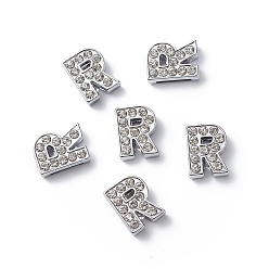 Letter R Alloy Initial Slide Charms with Grade A Rhinestones, Lead Free & Nickel Free, Platinum, Letter.R, 12~13x8~13x4~5mm, Hole: 8x2mm