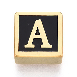 Letter A 304 Квадратные распорные планки из нержавеющей стали с черным эмалевым покрытием, 2-луночное, ионное покрытие (ip), реальный 18 k позолоченный, буква a, 12x12x6 мм, отверстие : 4.5 мм