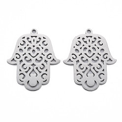 Edelstahl Farbe Anlaufgeschützt 304 Anhänger aus Edelstahl, Laserschnitt, Hamsa Hand / Hand von Miriam, Edelstahl Farbe, 34.5x28x1 mm, Bohrung: 2 mm