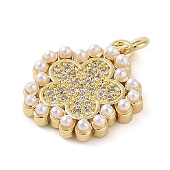 Flower Brass Micro Pave Clear Cubic Zirconia Pendants, with ABS Imitation Pearl, Real 18K Gold Plated, Flower, 17x15x3mm, Hole: 1.6mm