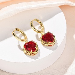 Красный Серьги-кольца в форме сердца из латуни и стекла ко Дню святого Валентина, без свинца и без кадмия, долговечный, стойки покрытие, реальный 18 k позолоченный, красные, 28x12.5 мм