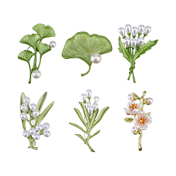 Mixed Color 6Pcs 6 Styles Enamel Pins, Alloy Lapel Pins for Backpack Clothes, Leaf & Flower, with Plastic, Mixed Color, 38.5~53x26~42mm, 1pc/style