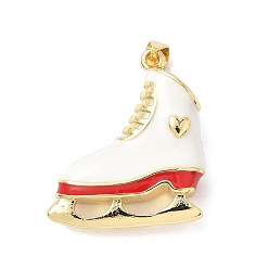 Белый Латунь эмаль подвески, ледяные коньки очарование, без свинца и без кадмия, долговечный, реальный 18 k позолоченный, стойки покрытие, белые, 26.5x24x9 мм, отверстие : 3.8x3.5 мм