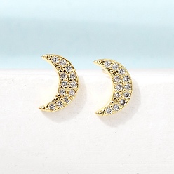 Clear Moon Brass Micro Pave Cubic Zirconia Stud Earrings for Women, Rack Plating, Long-Lasting Plated, Cadmium Free & Lead Free, Real 18K Gold Plated, Clear, 8x5.5mm