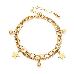 Морская звезда 201 из нержавеющей стали шарм браслеты, 201 Двухслойные браслеты из нержавеющей стали с якорной и кабельной цепочкой для женщин, ионное покрытие (ip), долговечный, морская звезда, 3.94 дюйм (10 см)