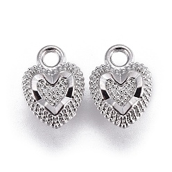 Platino Charms de aleación, larga duración plateado, corazón, Platino, 10x7x3 mm, agujero: 1.6 mm