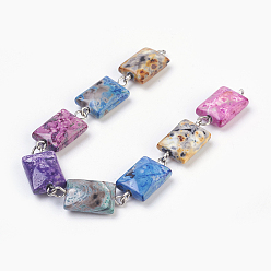 Platinum Handmade Natural Fire Agate Beaded Chains, Unwelded, with Iron Eye Pin, Faceted, Rectangle, Platinum, 39.3 inch(1m), Link: 20.5~21x10x5~5.5mm