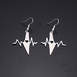 Stainless Steel Color 304 Stainless Steel Dangle Earrings for Women, Heartbeat, Stainless Steel Color, 53x29.6mm