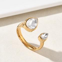 Teardrop 304 Открытые кольца-манжеты из нержавеющей стали с прозрачными кубическими циркониями для женщин, золотые, слеза, размер США 10 (19.8 мм)