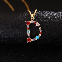 Letter D Ожерелья с подвесками-инициалами из латуни и разноцветными кубическими цирконами для женщин, золотые, Буква D, 19.69 дюйм (50 см)