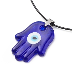 Blue Hamsa Hand with Evil Eye Lampwork Pendant Necklace with Leather Cord for Women, Blue, Pendnat: 49.5x36x6mm, 17.91 inch(45.5cm)