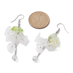 White Acrylic & Glass Dangle Earrings, Flower & Leaf Cluster Earrings with 304 Stainless Steel Earring Pins, White, 70mm