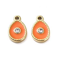 Coral Ion Plating(IP) 304 Stainless Steel Charms, with Rhinestone and Enamel, Real 18K Gold Plated, Teardrop Charm, Coral, 12x8x2.5mm, Hole: 1.4mm