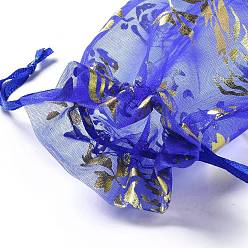 Blue Organza Drawstring Jewelry Pouches, Wedding Party Gift Bags, Rectangle with Gold Stamping Rose Pattern, Blue, 15x10x0.11cm