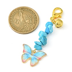 Synthetic Turquoise Alloy Enamel Butterfly Pendant Decoration, Synthetic Turquoise Chips and Lobster Claw Clasps Charms, 64mm