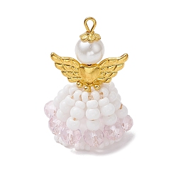 Бледно-Розовый Подвески из бисера ручной работы, с золотой эластичной нитью, Ткацкий станок, с бусиной-бабочкой из сплава и круглой бусиной из стеклянного жемчуга, ангел и фея, розовый жемчуг, 37x22x24 мм, отверстие : 2.5x2 мм
