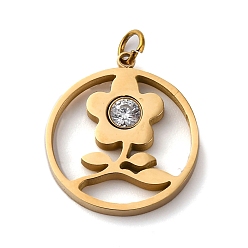 Настоящее золото 18K 316 из нержавеющей стали горный хрусталь подвески, с закрытыми кольцами для прыжков, ионное покрытие (ip), цветок, реальный 18 k позолоченный, 17.5x15.5x2.5 мм, отверстие : 2.6 мм